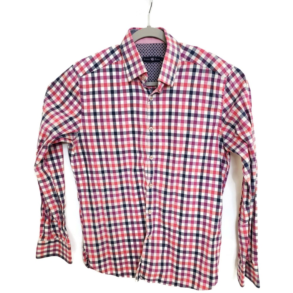 Stone Rose Shirt Mens Medium Pink Navy Plaid Long Sleeve Button Up Cotton